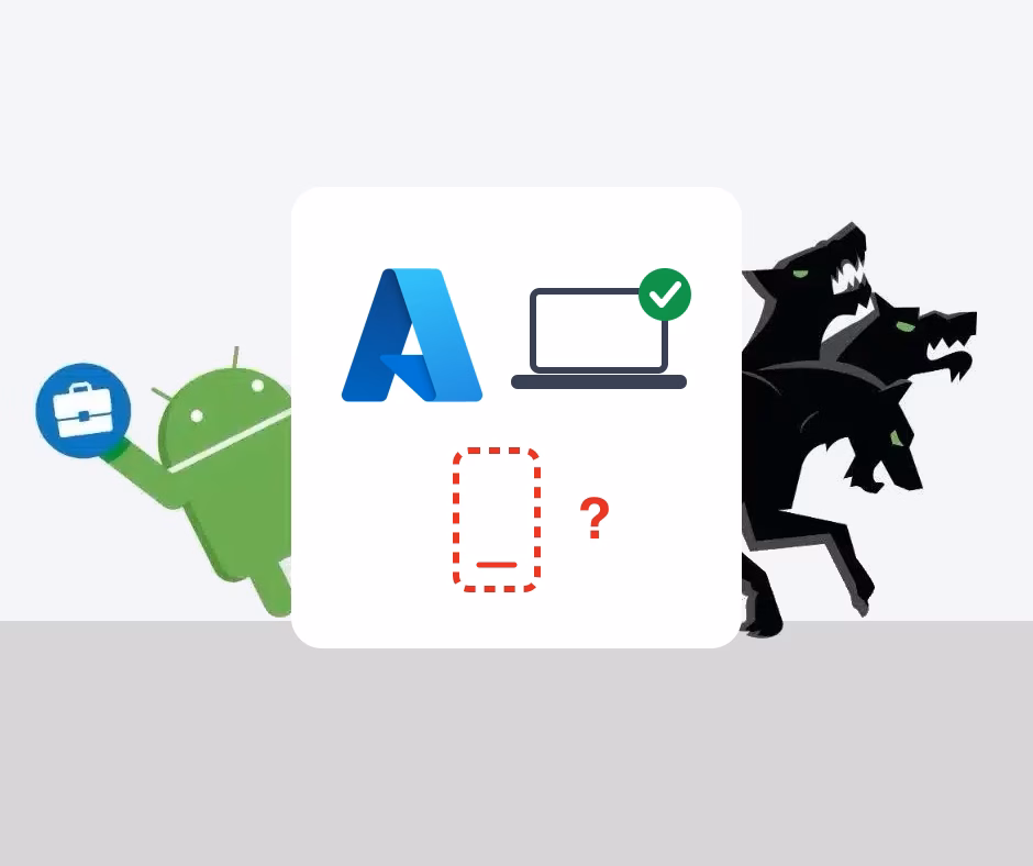 Azure covers the desktop with cloud Kerberos trust while the mobile phone is left out, illustrated with the Hypergate mascots